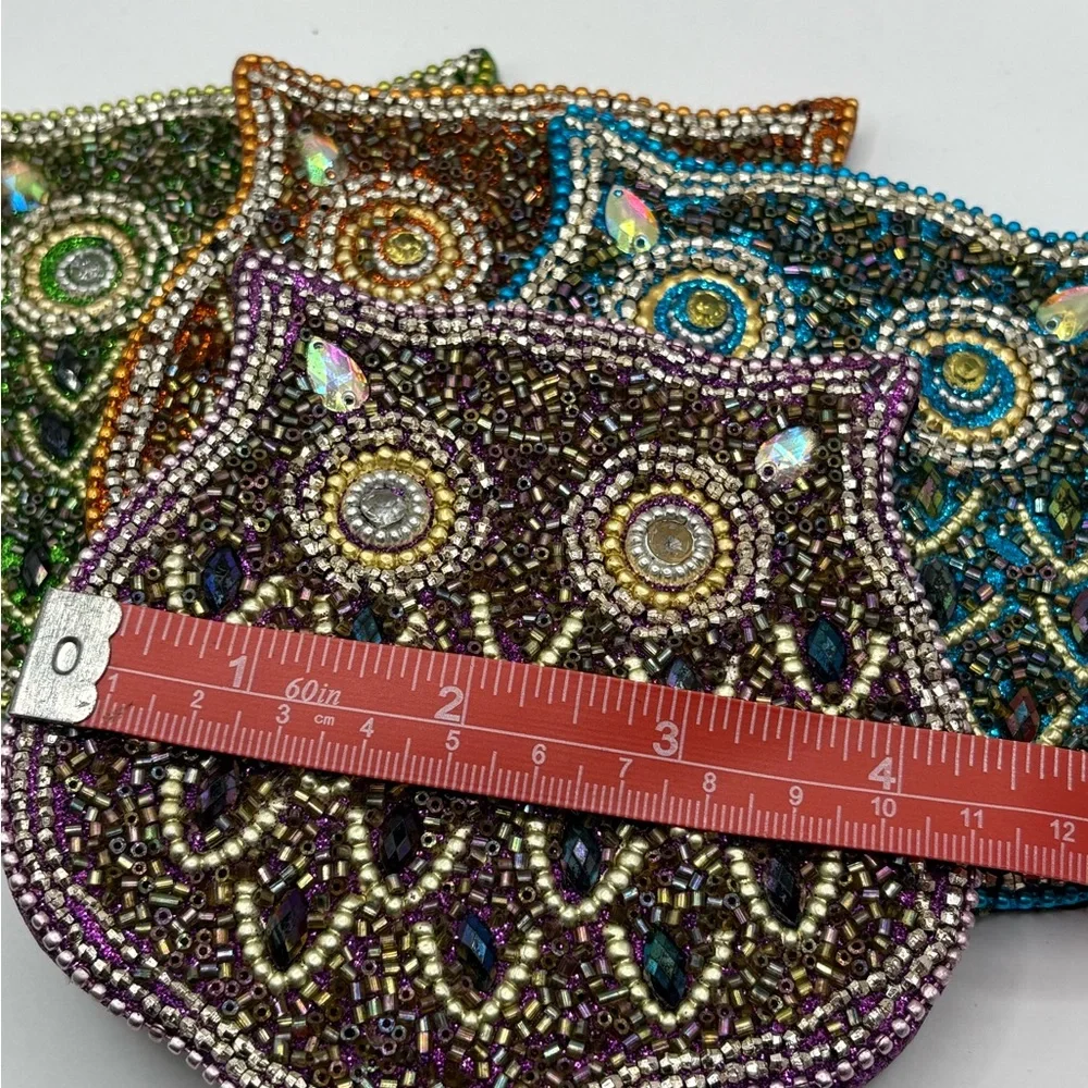 Pier 1 Beaded Jewel Tone Owl Coaster Set 4 Whimsy Owls Retired